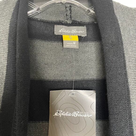 Eddie Bauer Travex Cardigan Sweater M Black Gray Stripe Wool Blend Open NEW - Picture 3 of 7